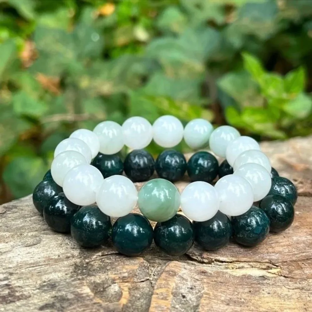 10mm Natural moss agate‎ and white jade bracelet set